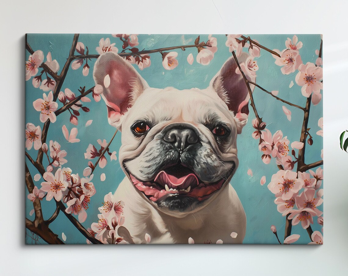 Cheerful White French Bulldog In Cherry Blossoms Teal Sky Dog Poster