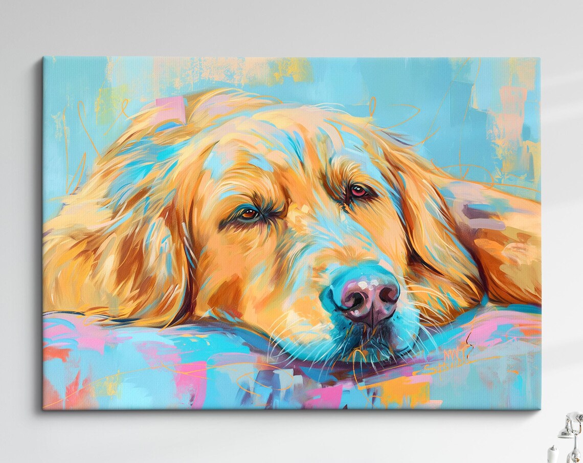 Golden Retriever Resting Colorful Oil Painting Dog Portrait Poster