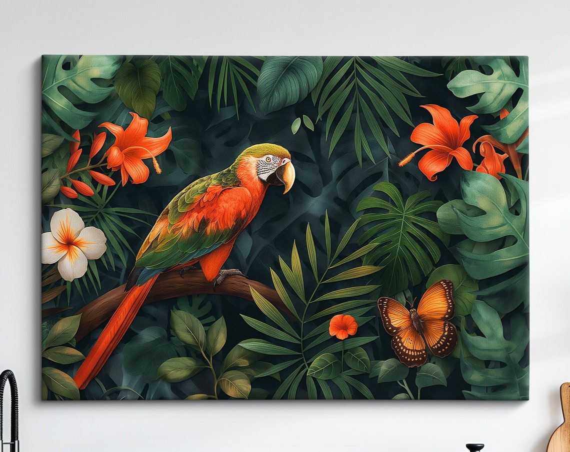 Vibrant Macaw Parrot In Lush Jungle With Butterfly Exotic Bird Poster