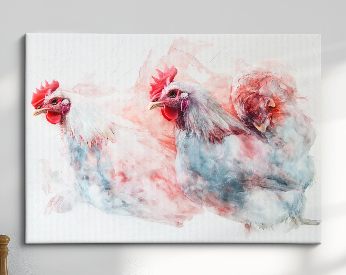 Two White Hens Pink Grey Watercolor Soft Farm Bird Wall Art Poster