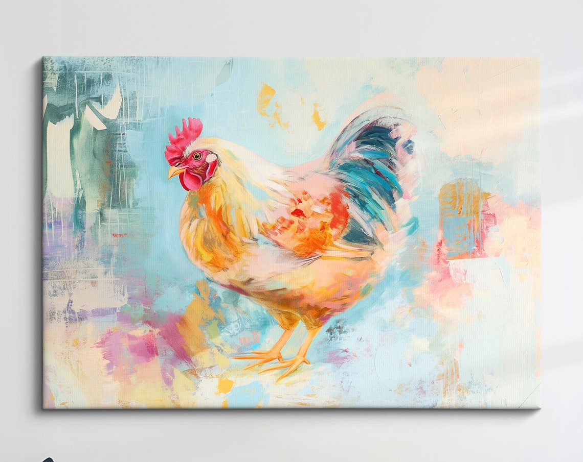 Rooster Golden Pastel Watercolor Teal Tail Farm Bird Wall Poster