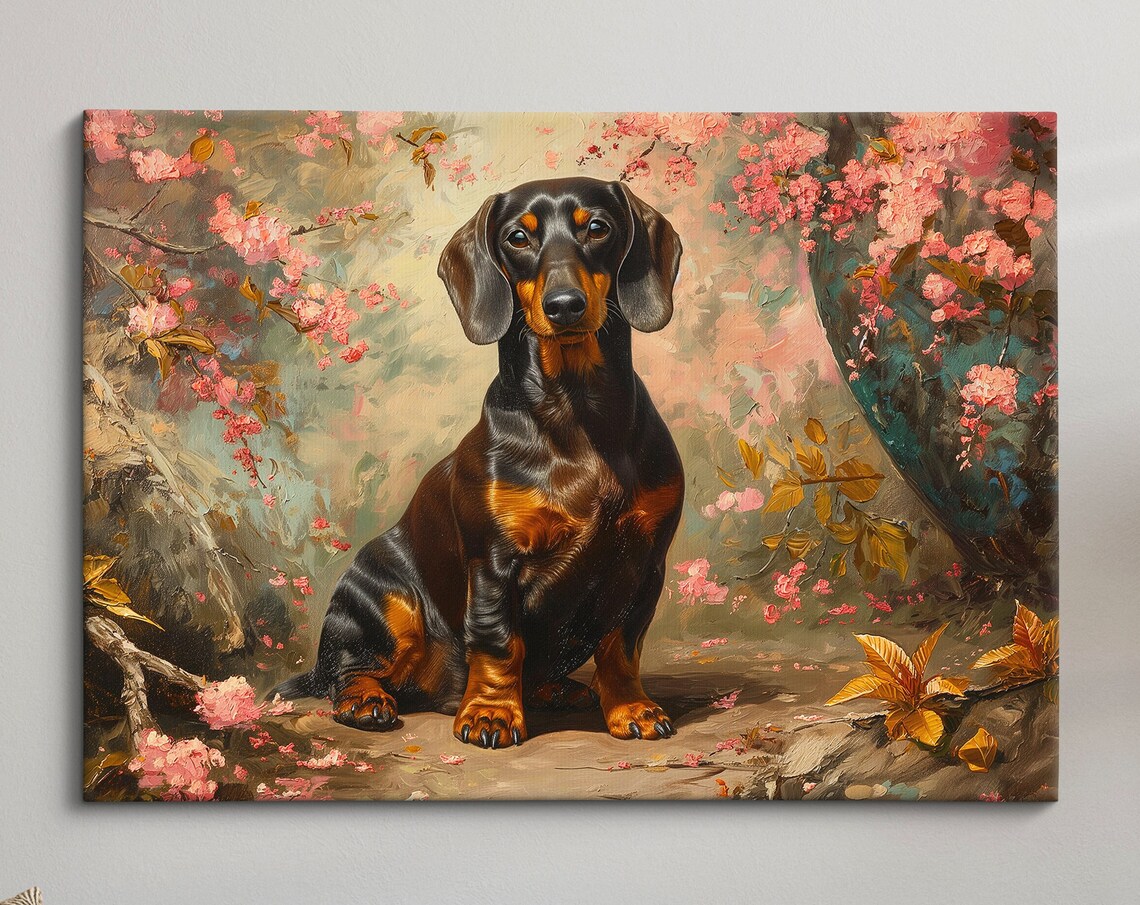 Black And Tan Dachshund In Pink Blossoms Golden Leaves Art Poster