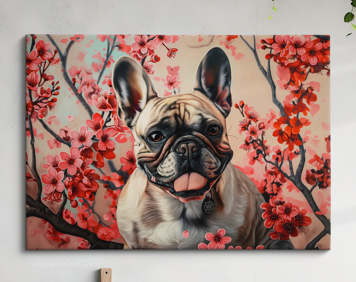 French Bulldog Portrait In Red Blossoms With Collar Tag Spring Poster