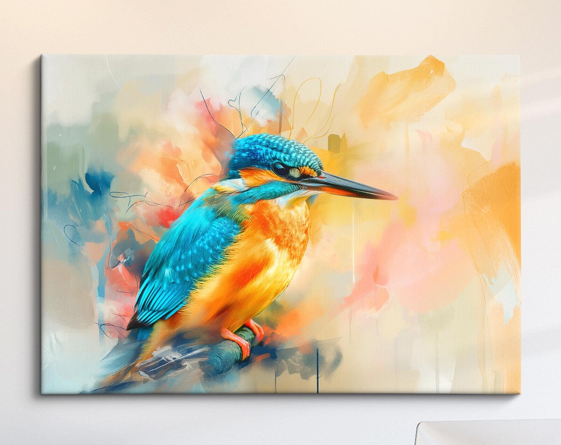 Kingfisher Bird Abstract Watercolor Teal Orange Pastel Wall Poster