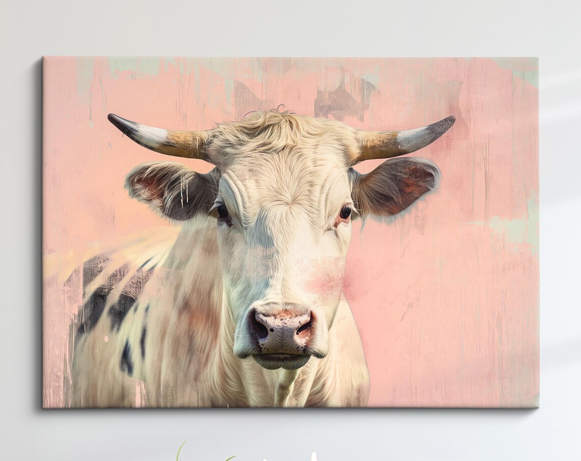 White Horned Cow Pink Pastel Farm Animal Portrait Painting Art Poster