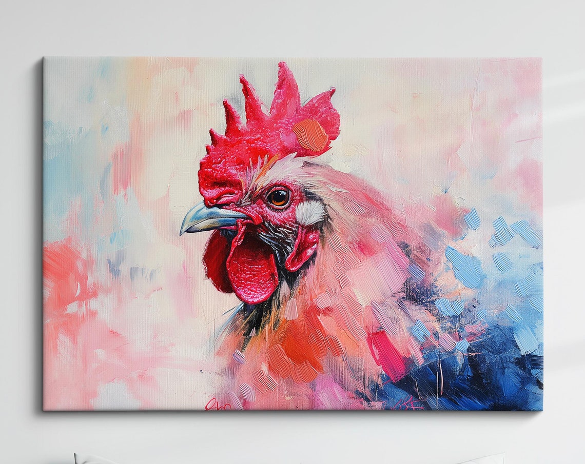 Rooster Head Red Comb Bold Pink Blue Abstract Farm Bird Art Poster