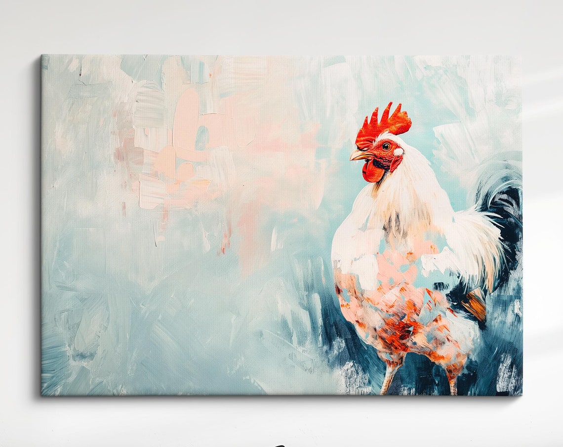 White Rooster Soft Pastel Blue Abstract Standing Farm Bird Art Poster