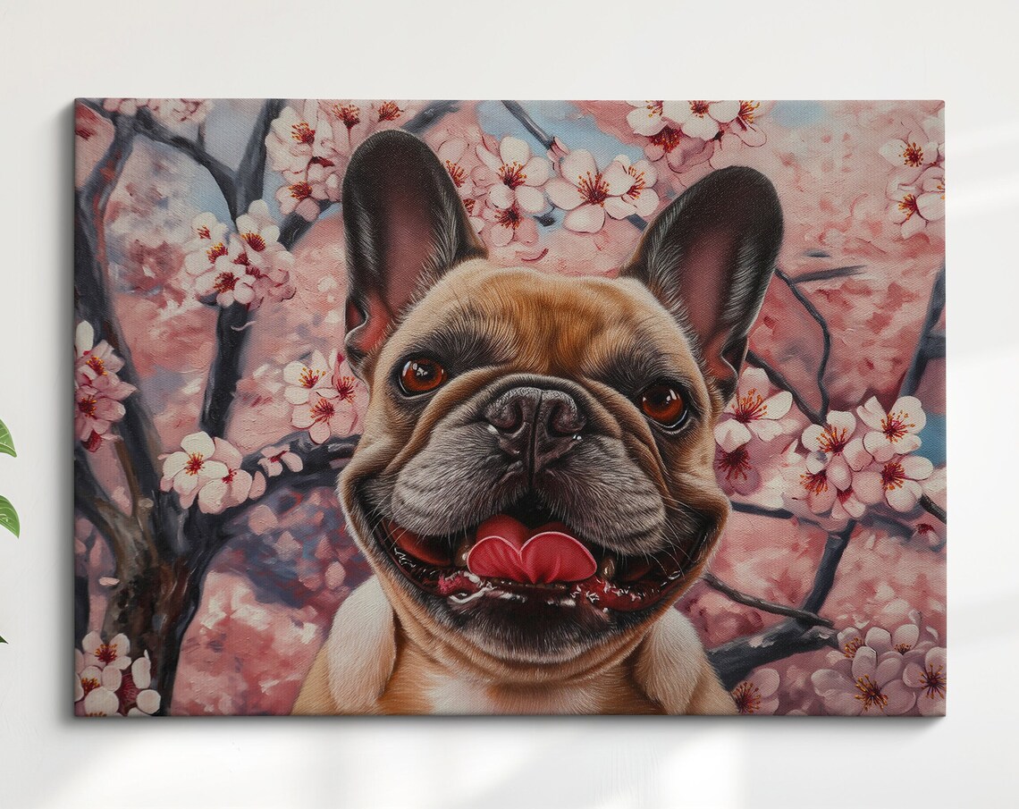 Grinning Fawn French Bulldog Face In Blooming Cherry Tree Art Poster