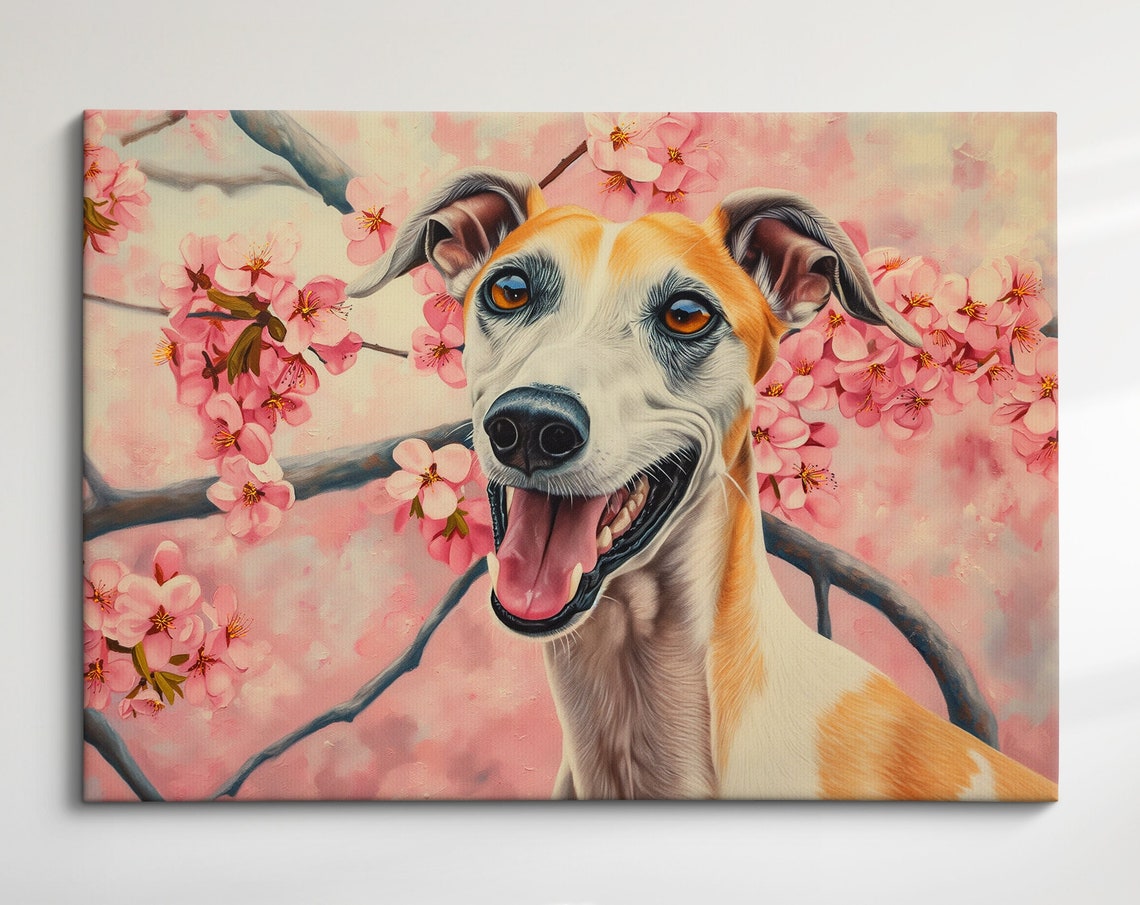 Tan And White Greyhound Grinning In Pink Blossoms Spring Art Poster