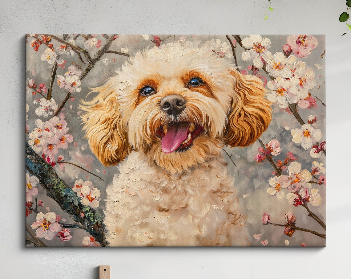 Smiling Golden Doodle In Pink Spring Blossoms Fluffy Dog Wall Poster