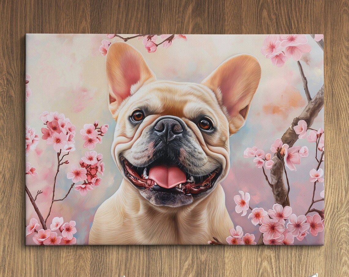 Fawn French Bulldog Grinning In Pink Cherry Blossom Joyful Pet Poster