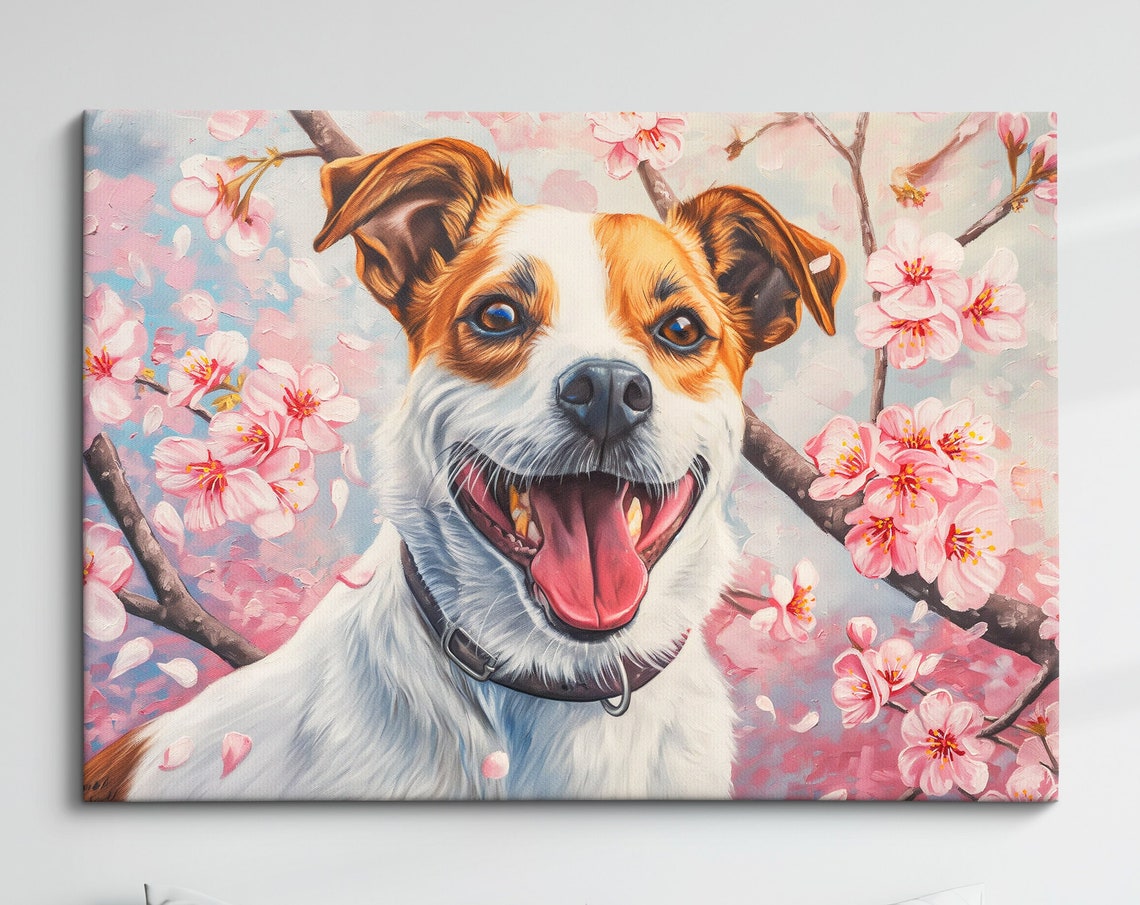 Happy Jack Russell Terrier In Cherry Blossoms Spring Dog Wall Poster