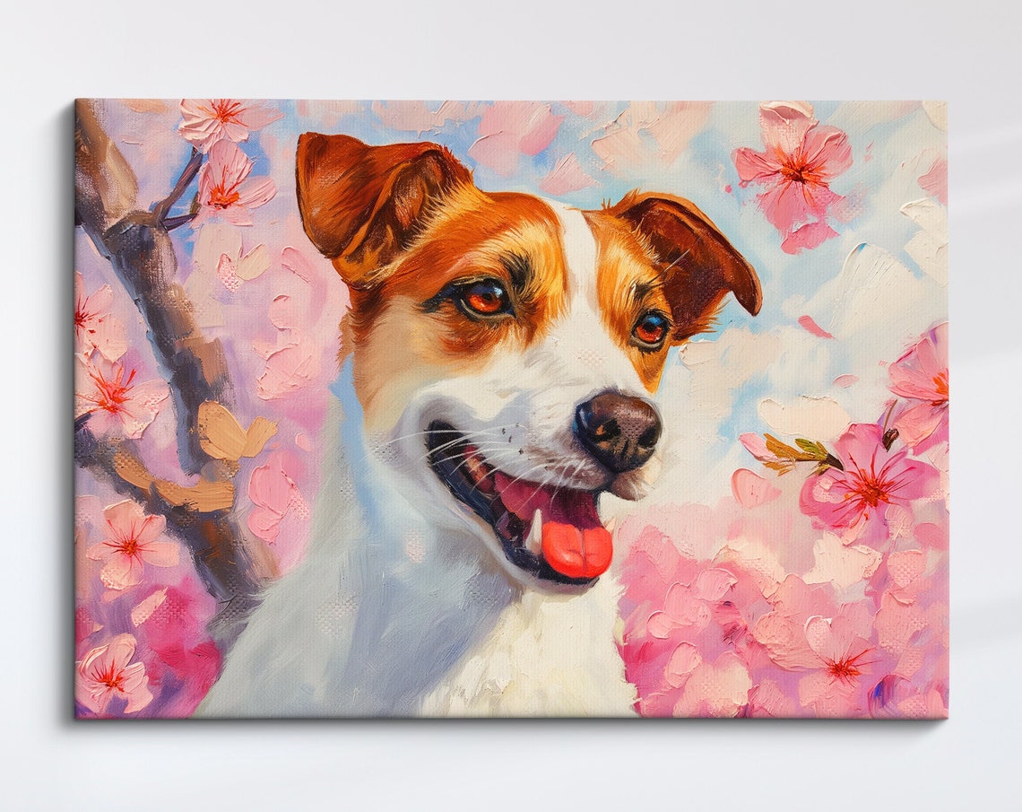 Smiling Jack Russell Terrier Among Pink Blossoms Joyful Dog Art Poster