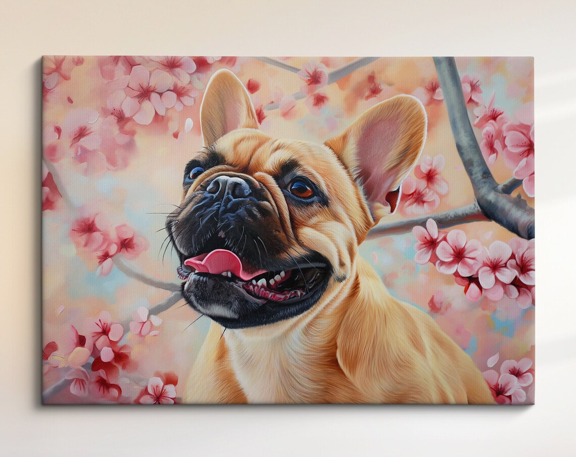 Playful Fawn French Bulldog Looking Up In Cherry Blossom Wall Poster