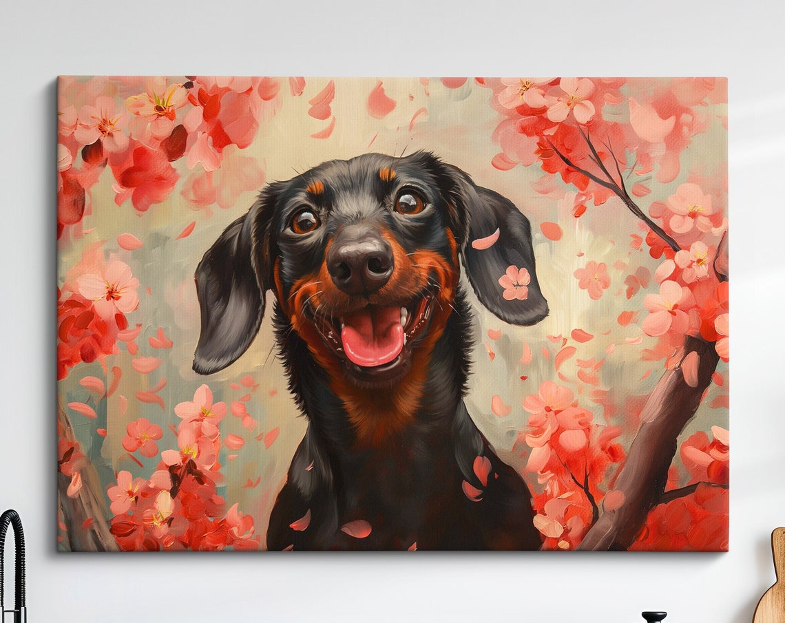 Grinning Black And Tan Dachshund In Red Blossoms Joyful Art Poster