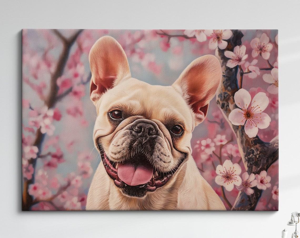 Smiling Cream French Bulldog Under Cherry Blossoms Adorable Dog Poster