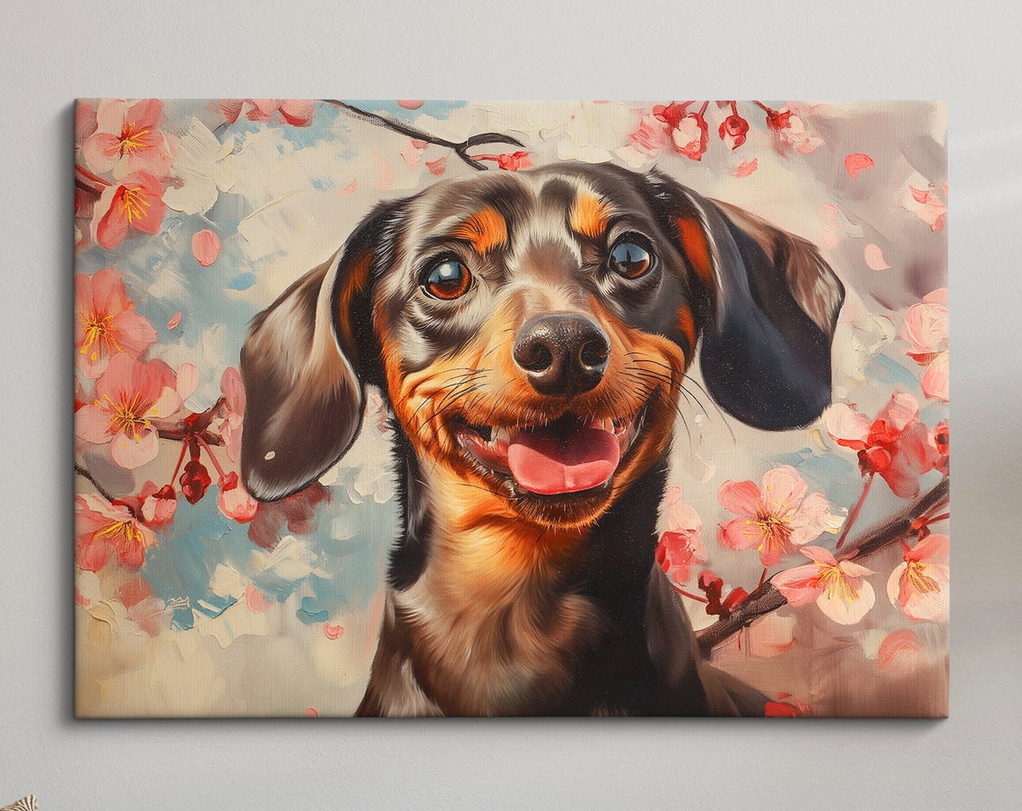 Cheerful Dachshund Face Close Up In Spring Cherry Blossoms Art Poster