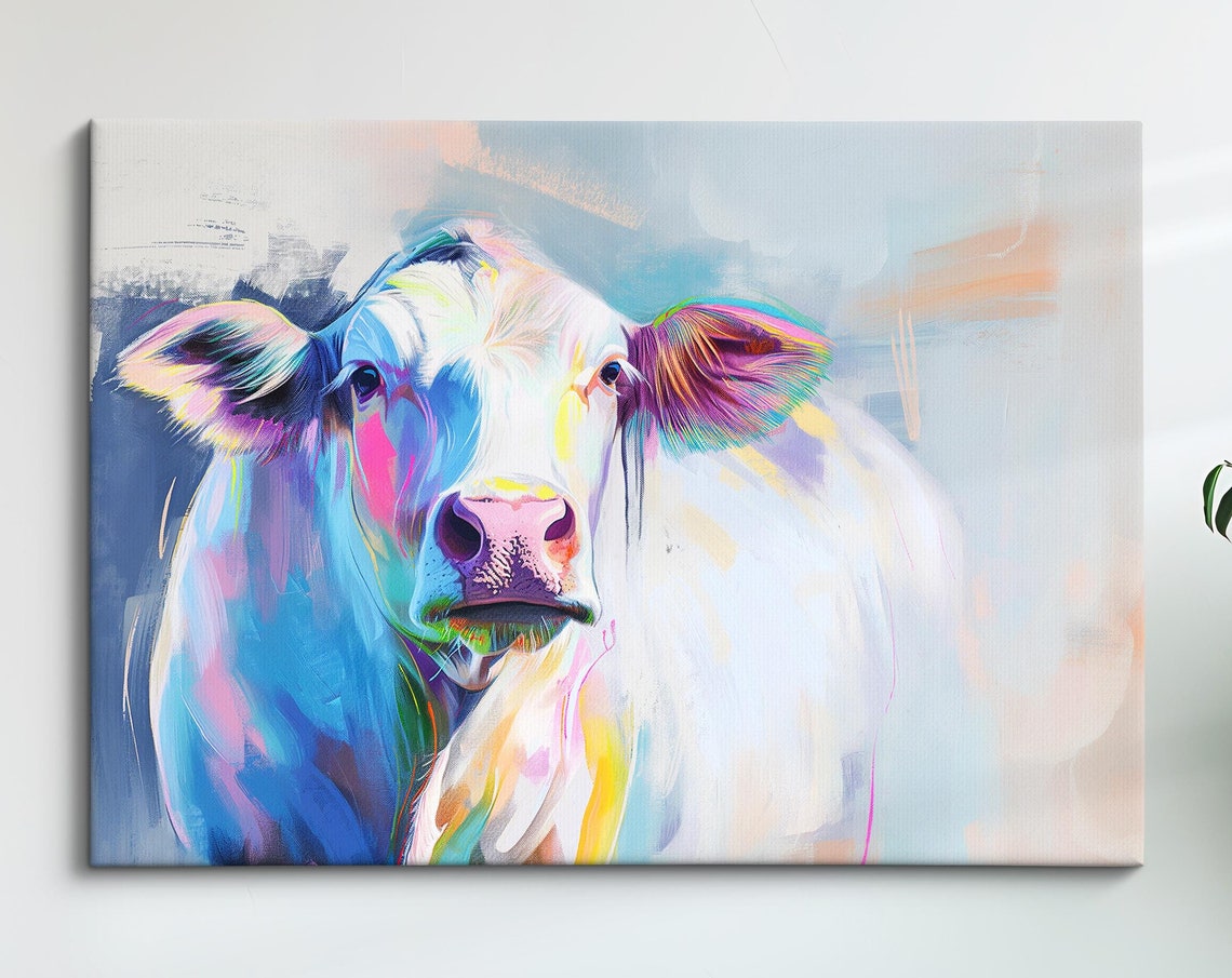 White Cow Portrait Colorful Pastel Abstract Farm Animal Wall Poster
