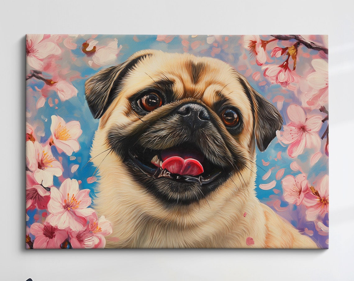 Joyful Pug Grinning Among Pink Cherry Blossoms Blue Sky Spring Poster