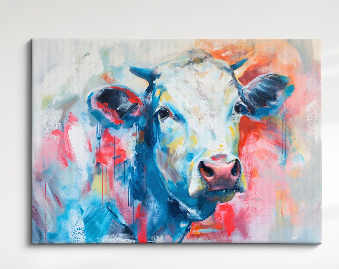 Cow Bold Blue Red Abstract Close Up Colorful Farm Animal Art Poster