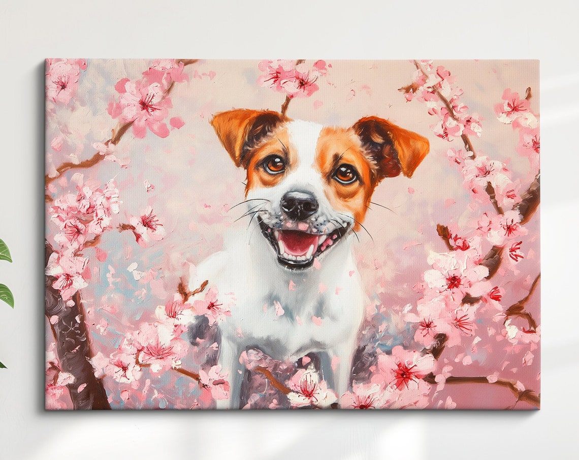 Cheerful Jack Russell Terrier Portrait In Blooming Cherry Tree Poster