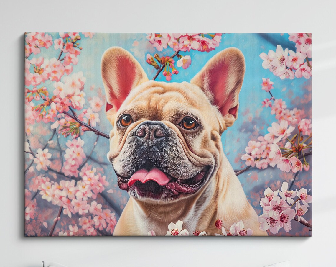 Fawn French Bulldog Tongue Out In Pink Blossoms Cheerful Art Poster