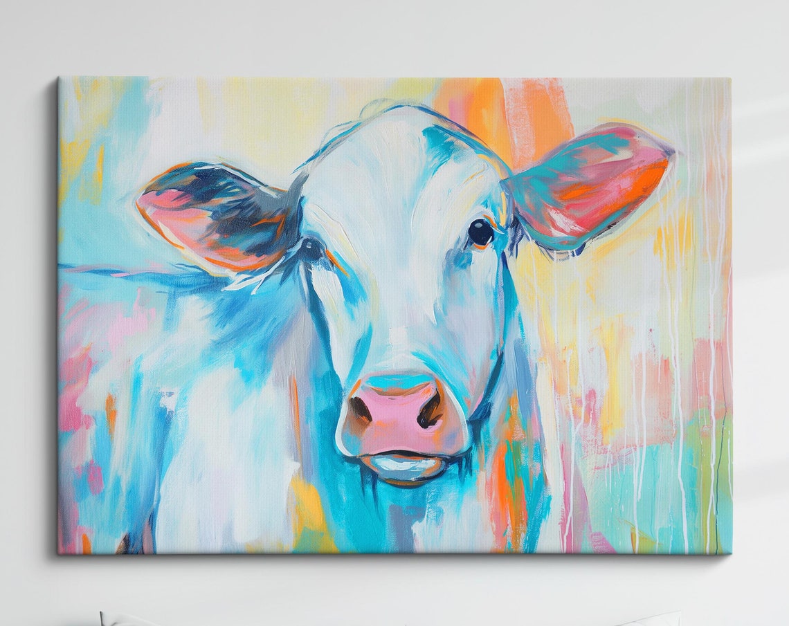 Cow Close Up Blue Orange Pastel Abstract Portrait Wall Poster
