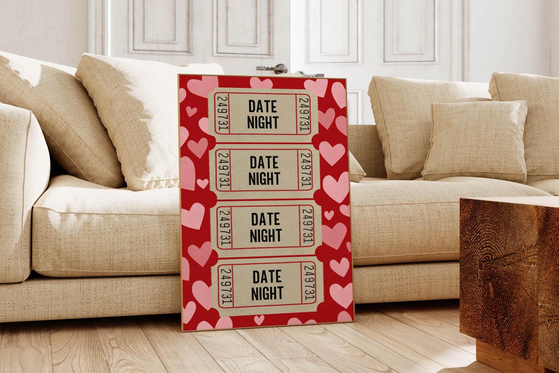 Date Night Tickets Red Hearts Vintage Romantic Couples Wall Art Print - Image 6