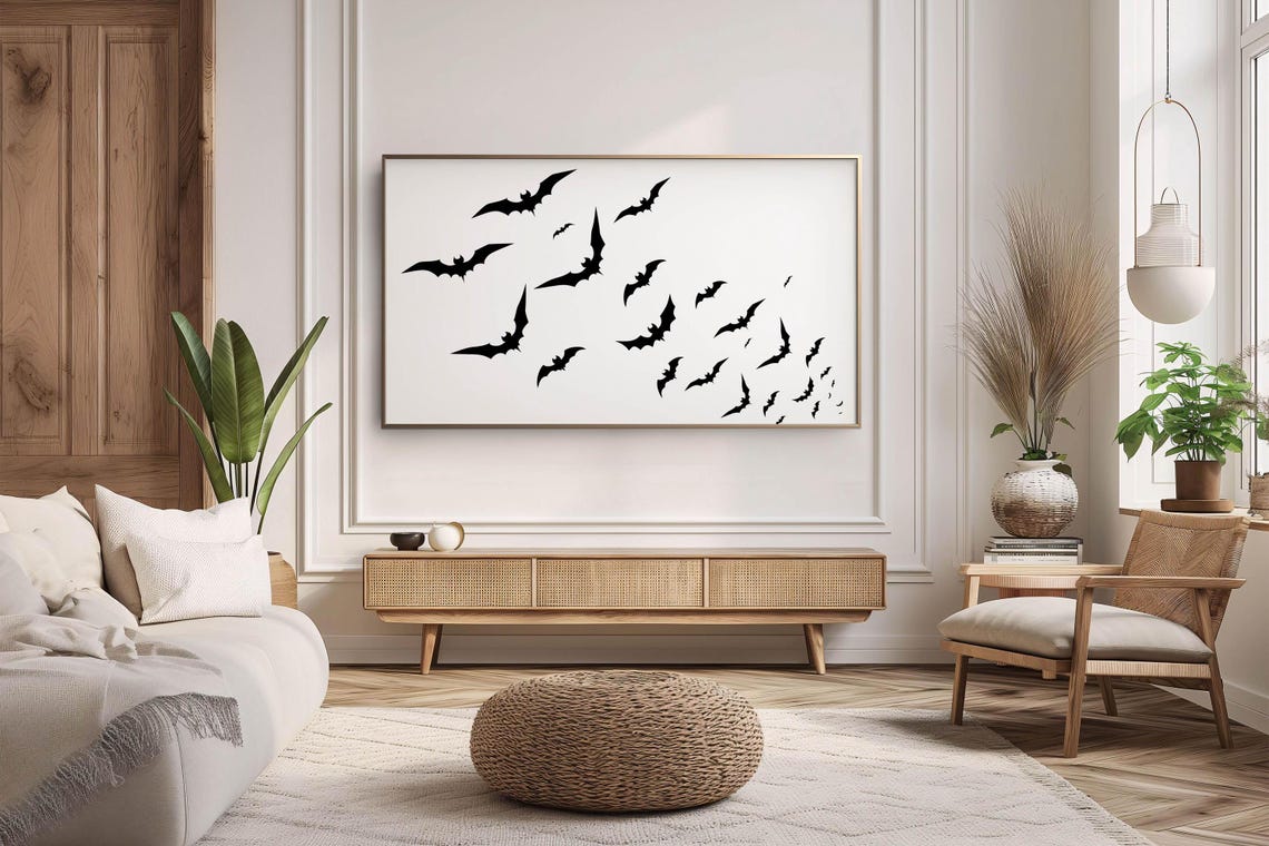 Flying Bat Silhouettes Swarm Minimalist Halloween Art Poster - Image 2