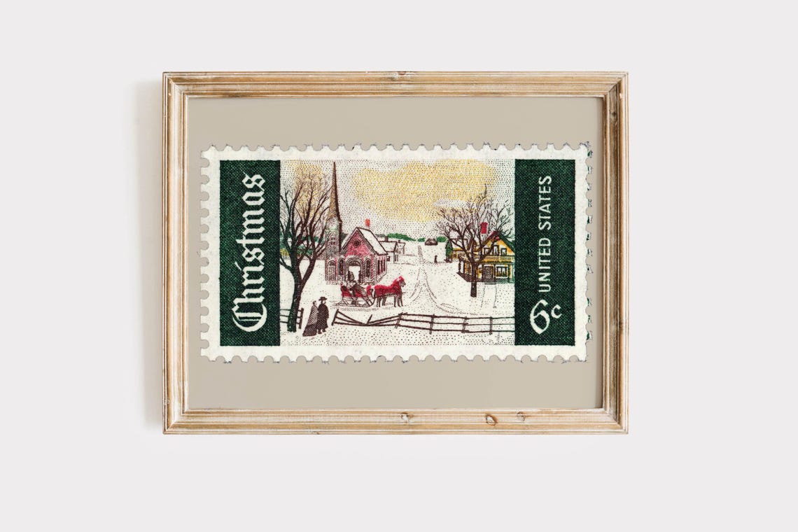 Vintage Christmas 6 Cent Postage Stamp Winter Scene Art Poster - Image 6
