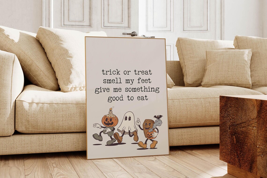 Trick Or Treat Smell My Feet Cute Retro Cartoon Halloween Poster - Image 2
