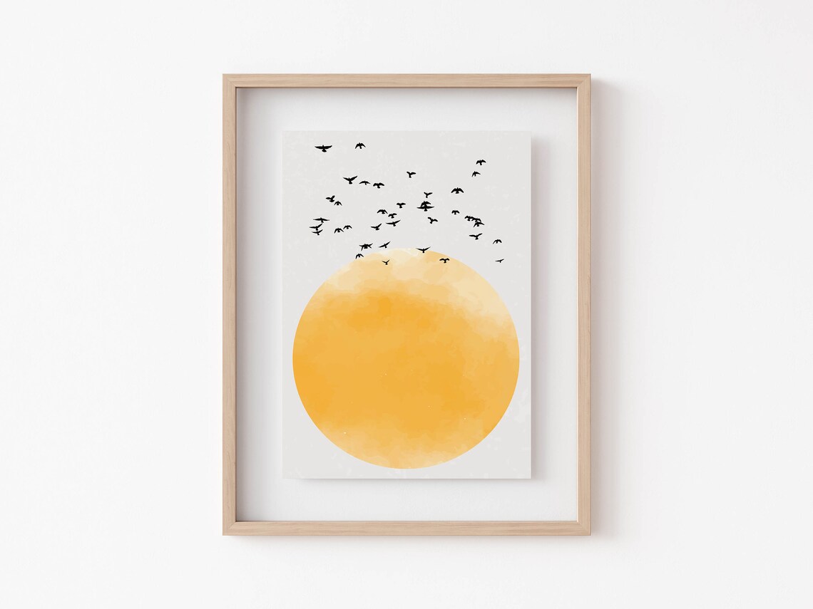 Birds Flying Over Golden Sun Watercolor Minimalist Sky Poster - Image 6