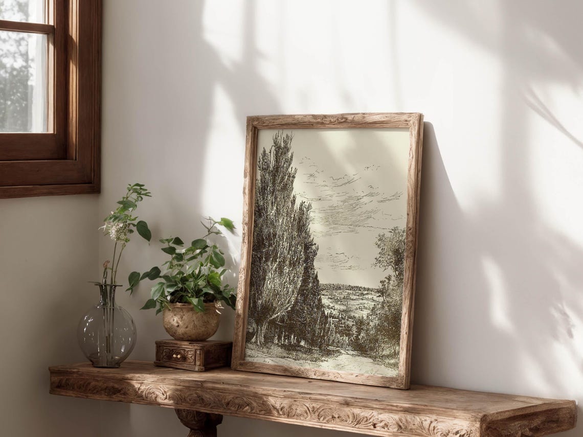 Vintage Sepia Poplar Trees Lane Landscape Rustic Engraving Poster - Image 2