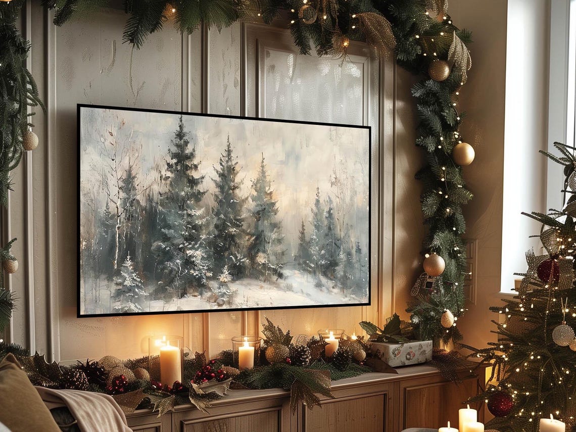 Snowy Pine Forest Winter Painting Muted Blue Gray Frame TV Poster - Image 6