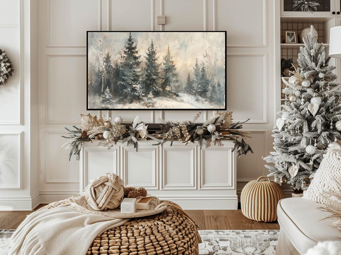 Snowy Pine Forest Winter Painting Muted Blue Gray Frame TV Poster - Image 3