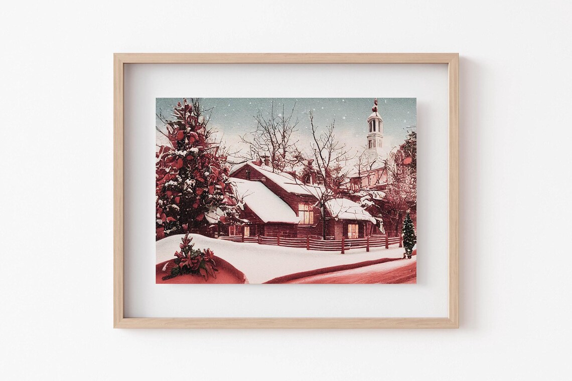Vintage Snowy Village Church Winter Landscape Christmas Poster - Image 4
