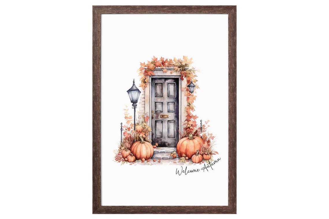 Welcome Autumn Watercolor Front Door Pumpkins Fall Scene Poster - Image 3