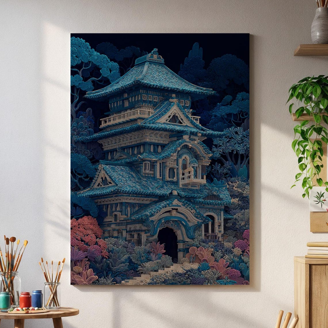 Japanese Pagoda Night Temple Blue Moon Mystical Scene Poster