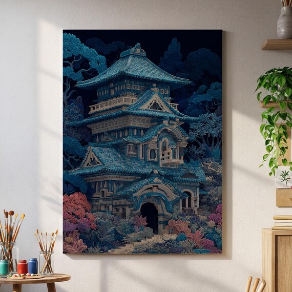 Mystical Pagoda Wall Art Tranquil Night Temple Poster With Blue Tones Jungle Garden For Zen Fantasyinspired Interior Spaces