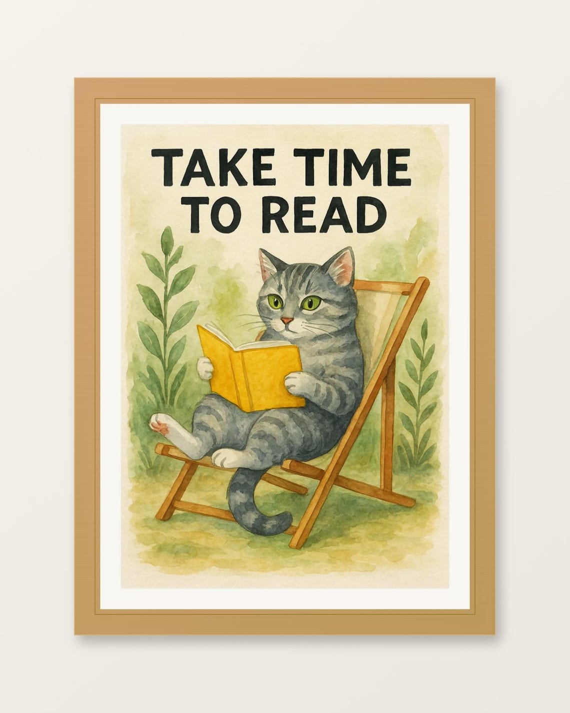 Take Time To Read Gray Tabby Cat Book Watercolor Library Poster