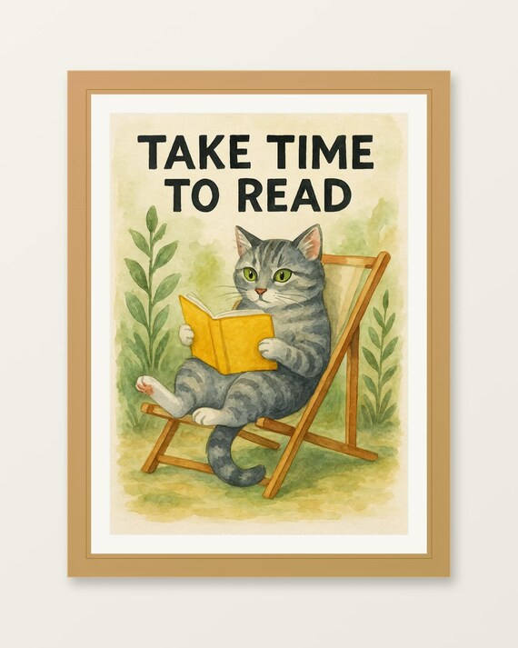Take Time To Read Gray Tabby Cat Book Watercolor Library Poster