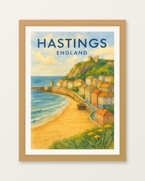 Hastings England Seaside Beach Colorful Watercolor Travel Poster