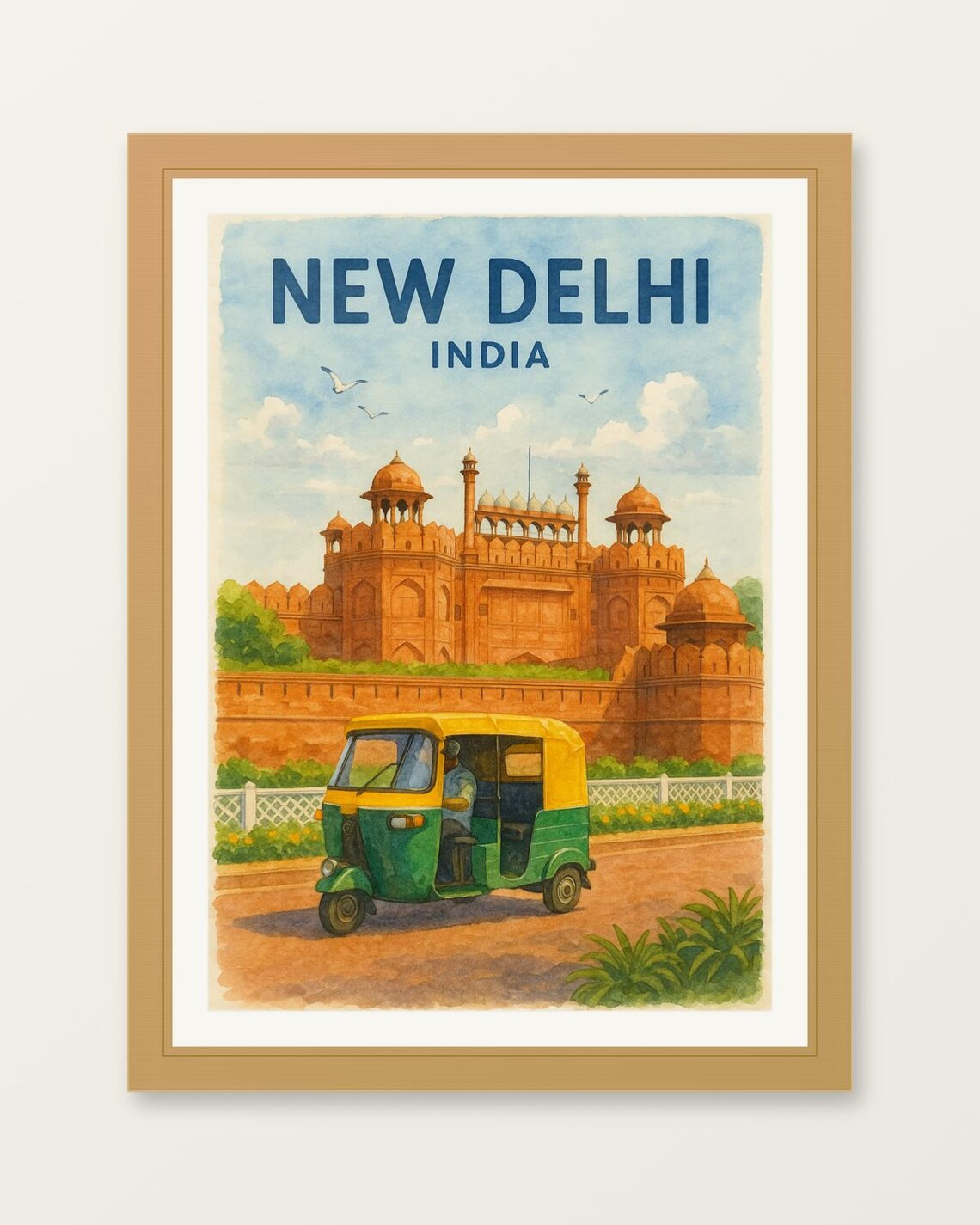 New Delhi India Red Fort Rickshaw Vibrant Watercolor Travel Poster