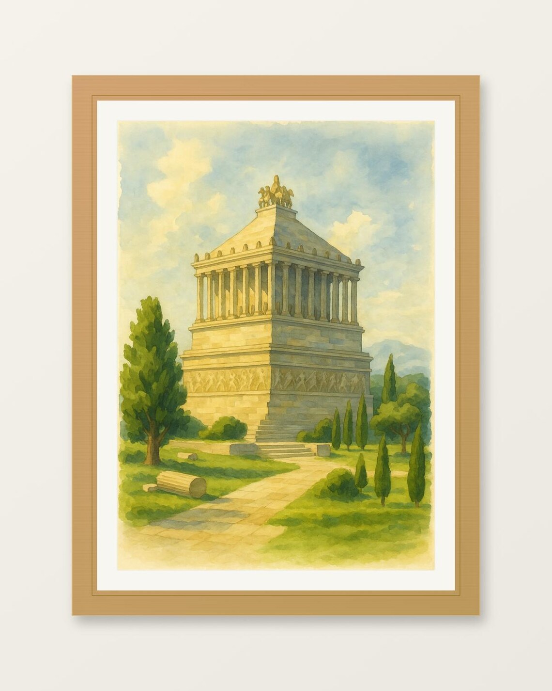 Mausoleum at Halicarnassus Ancient Wonder Watercolor Travel Poster