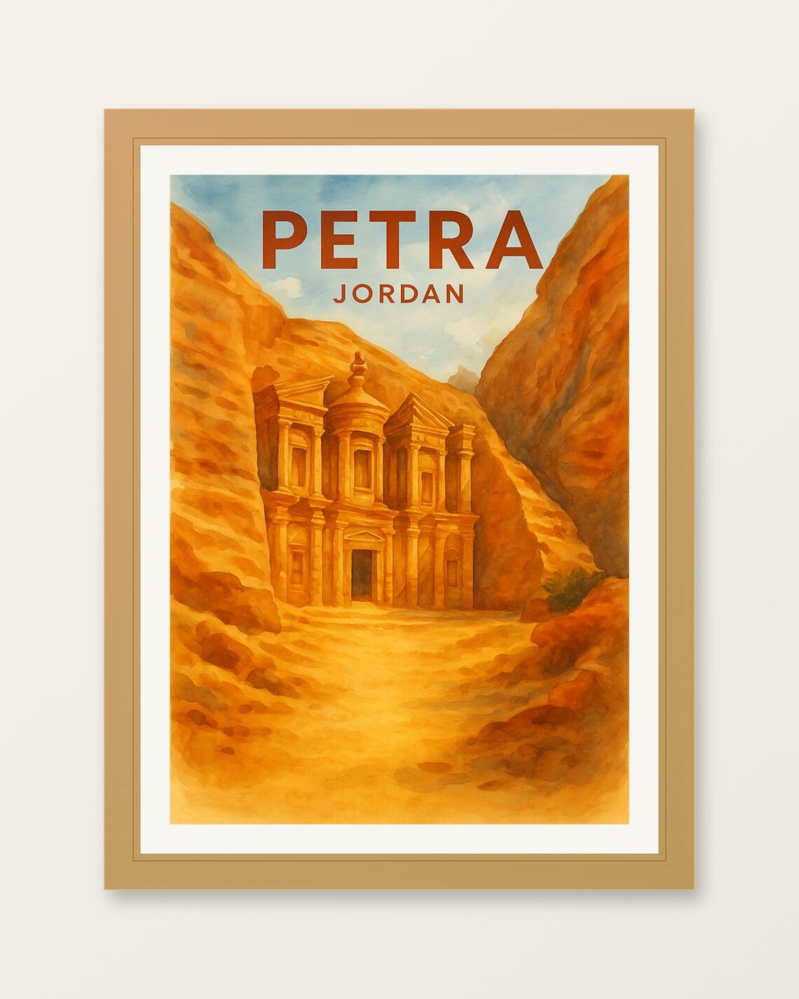 Petra Jordan Treasury Ancient Rose Red Canyon Travel Watercolor Poster