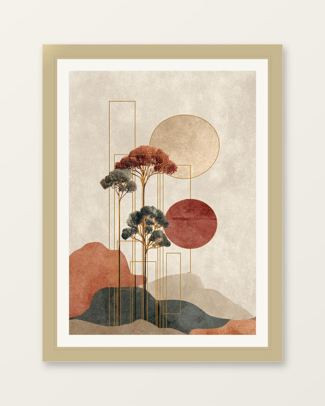 Geometric Trees with Gold Lines Terracotta Sun Abstract Poster