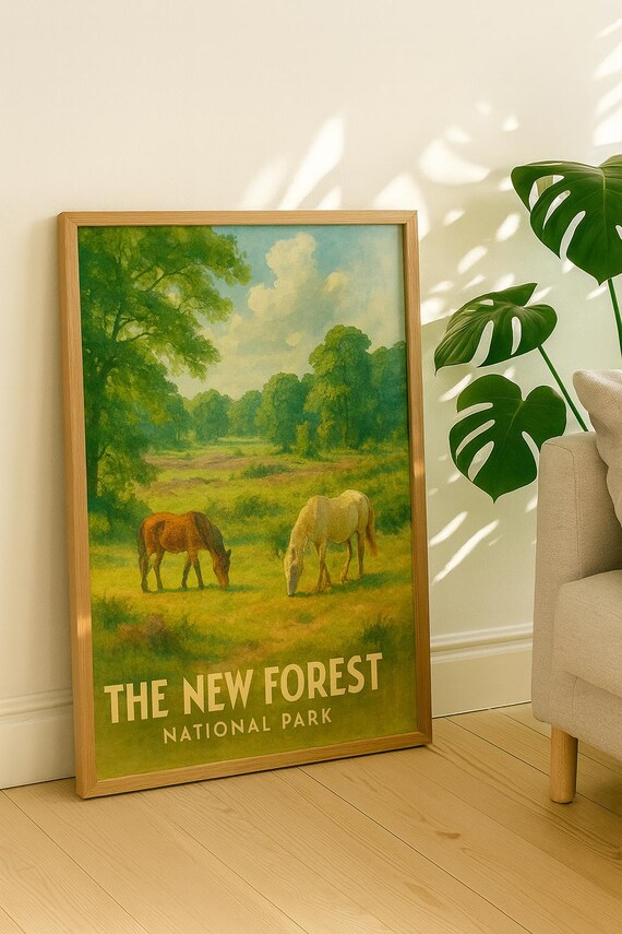 New Forest National Park Vintage Travel Poster Horses Meadow Scene