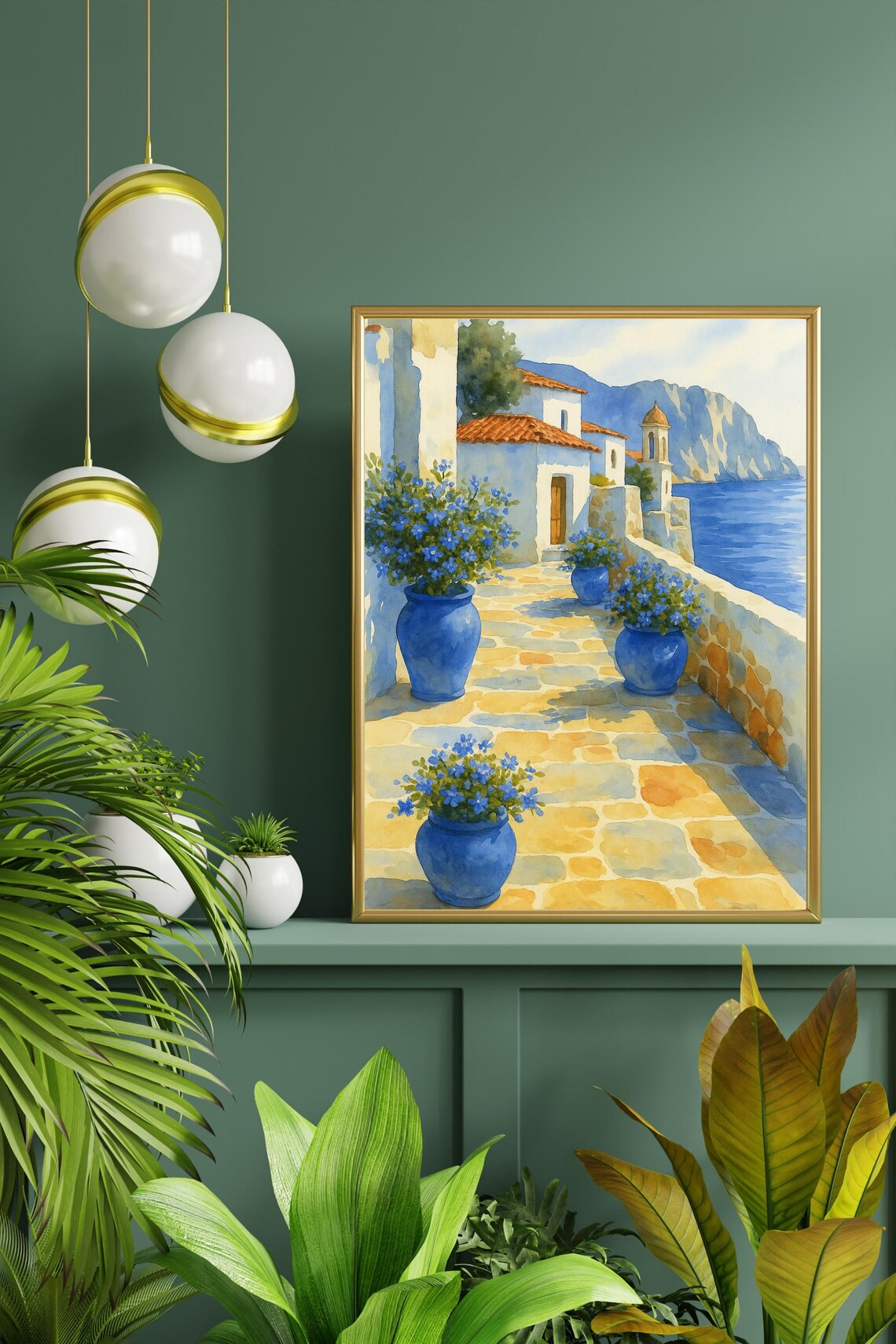 Greek Island Watercolor Mediterranean Village Coastal Terrace Poster