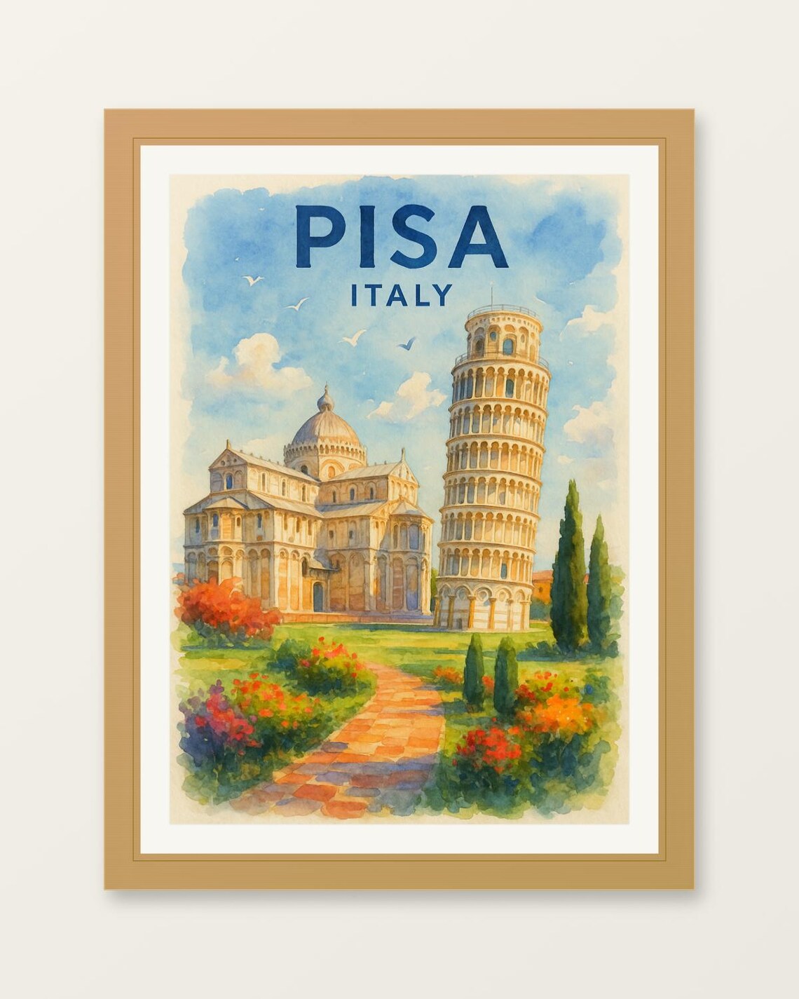 Pisa Italy Leaning Tower Cathedral Watercolor Travel Art Poster