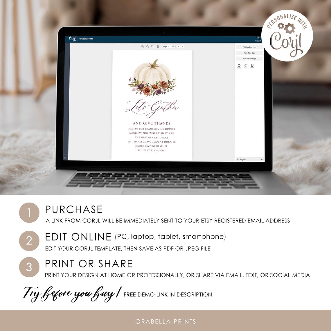 Elegant Lets Gather White Pumpkin Thanksgiving Invitation Print - Image 2